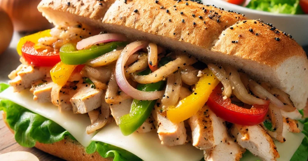 Healthy chicken cheesesteak with grilled chicken, caramelized onions, bell peppers, and melted provolone cheese in a whole wheat hoagie roll
