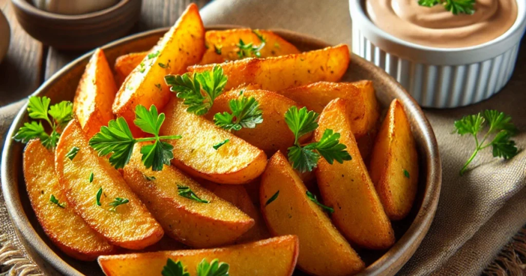 Golden brown air fryer potato wedges served on a plate with a side of dipping sauce, crispy on the outside and fluffy on the inside