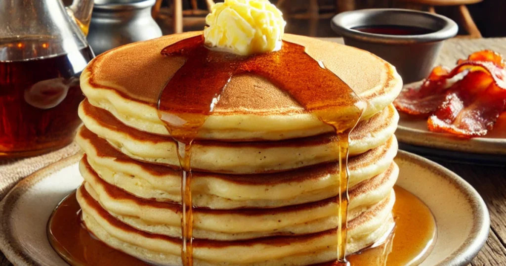 Delicious homemade Cracker Barrel pancakes stacked high with maple syrup, butter, and fresh berries