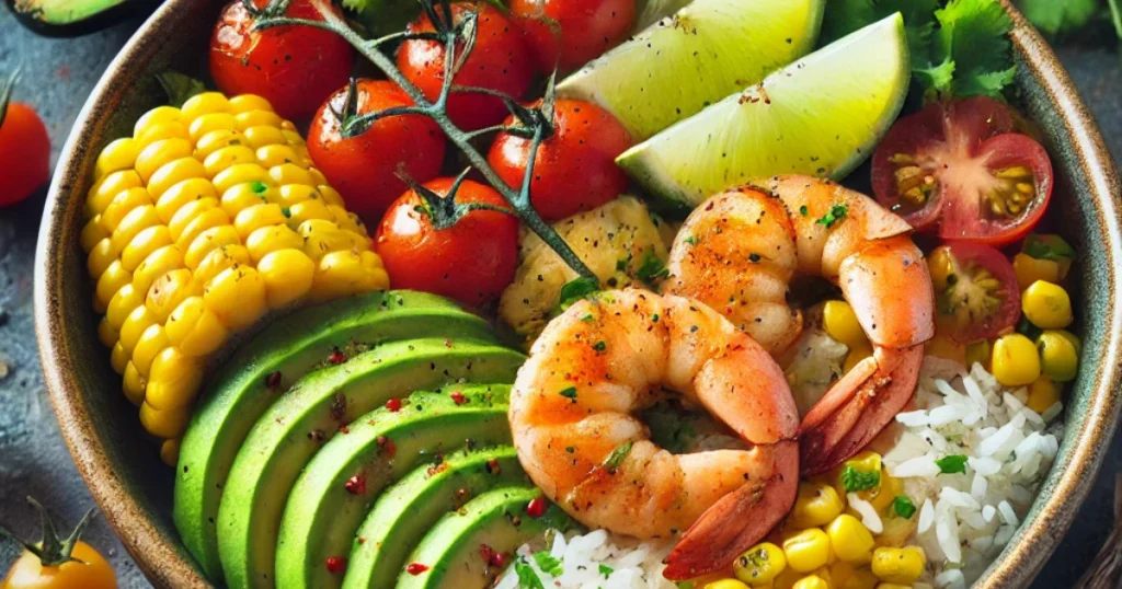 Delicious and healthy shrimp bowl with rice, fresh veggies, and flavorful shrimp