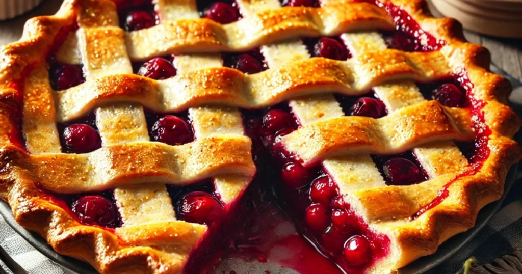 A freshly baked cherry pie with a golden, flaky crust and vibrant red cherry filling, served on a rustic wooden table.