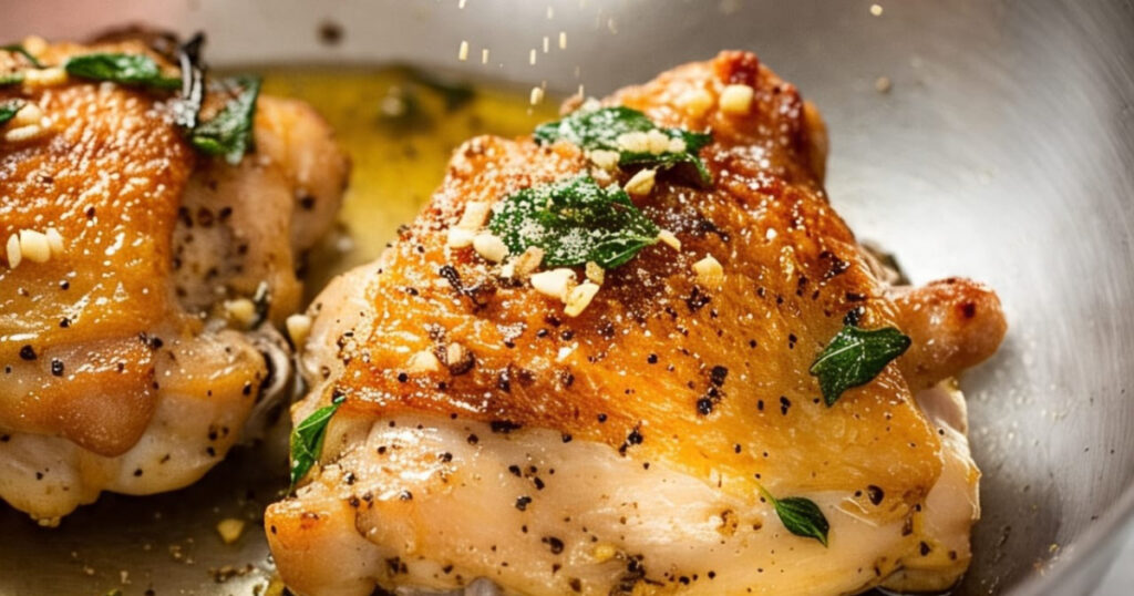 Delicious cooked chicken thigh recipes seasoned with herbs and spices on a serving plate