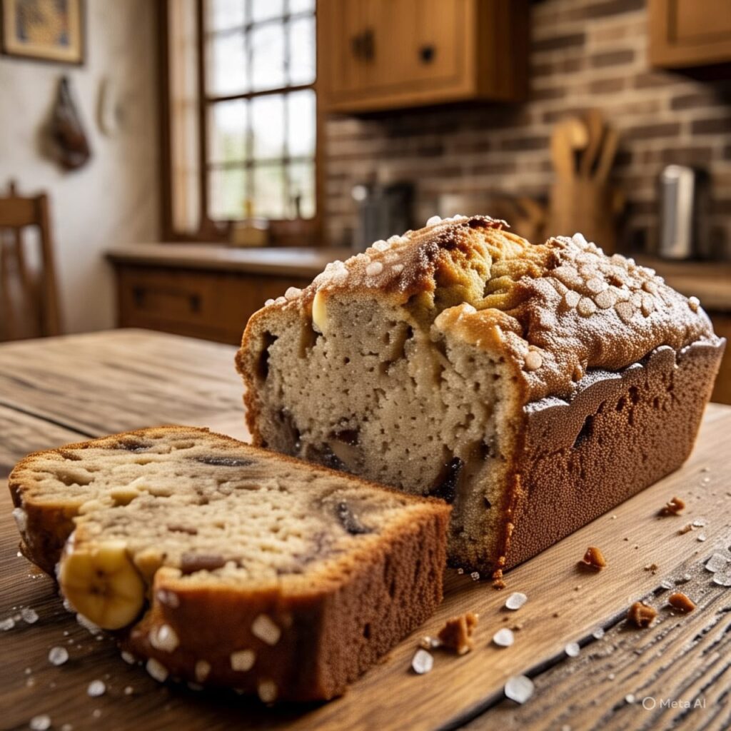 Freshly baked banana bread loaf with golden crust and moist interior, sliced on a wooden cutting board