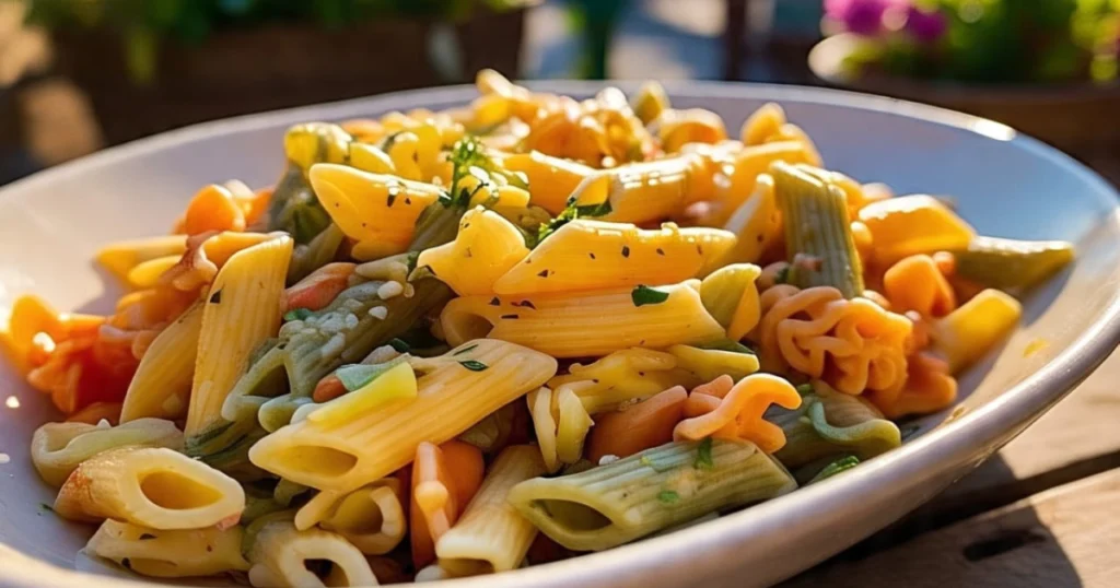 A bowl of pasta primavera with penne, asparagus, bell peppers, peas, zucchini, cherry tomatoes, fresh basil, and grated Parmesan cheese.